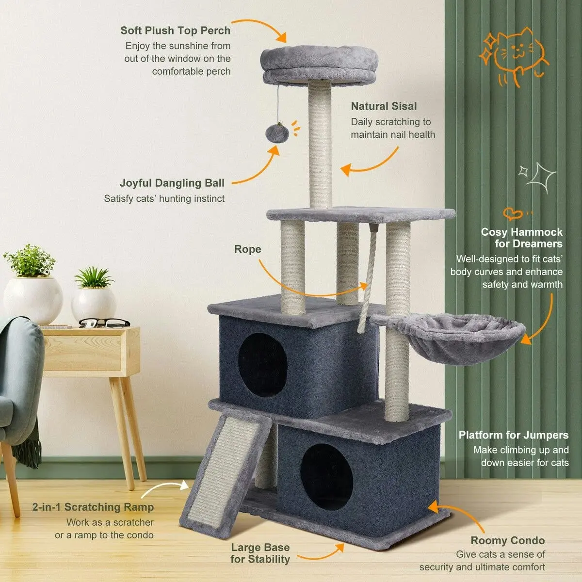 Pet Scene 127cm Cat Tree Tower Scratching Post Bed Sisal Scratcher Furniture House Cave Condos Climbing Stand Gym Hammock Ramp