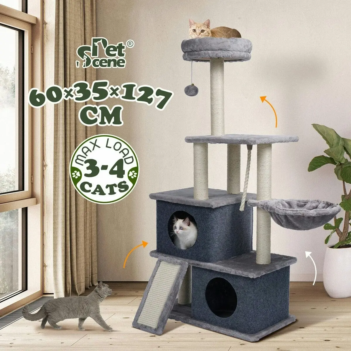 Pet Scene 127cm Cat Tree Tower Scratching Post Bed Sisal Scratcher Furniture House Cave Condos Climbing Stand Gym Hammock Ramp