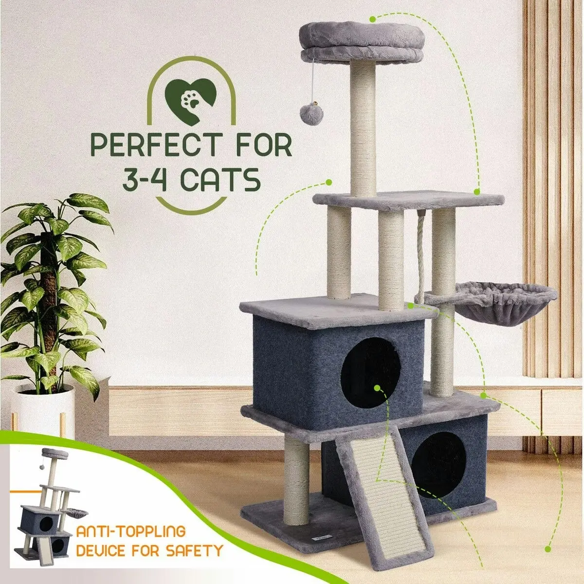 Pet Scene 127cm Cat Tree Tower Scratching Post Bed Sisal Scratcher Furniture House Cave Condos Climbing Stand Gym Hammock Ramp