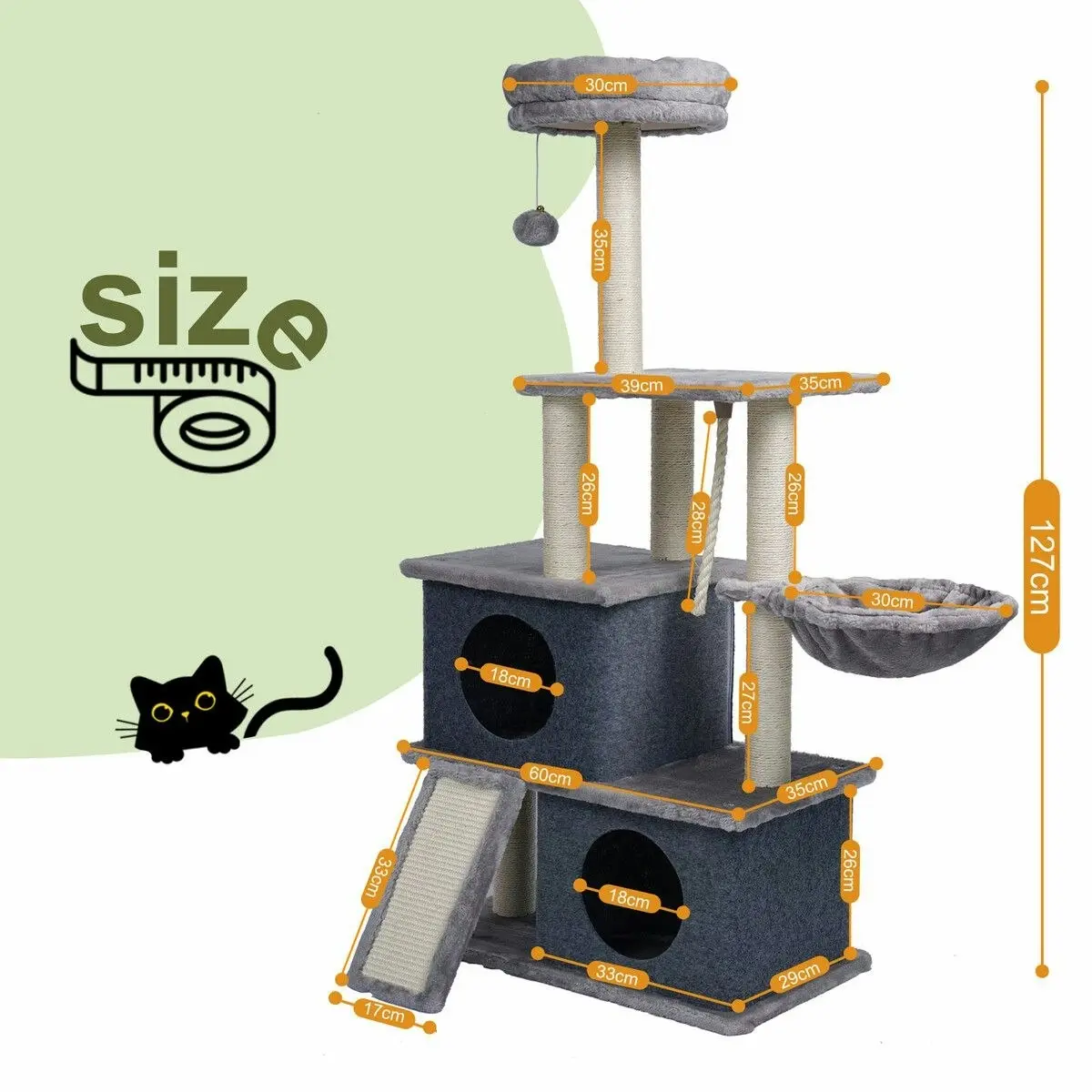 Pet Scene 127cm Cat Tree Tower Scratching Post Bed Sisal Scratcher Furniture House Cave Condos Climbing Stand Gym Hammock Ramp