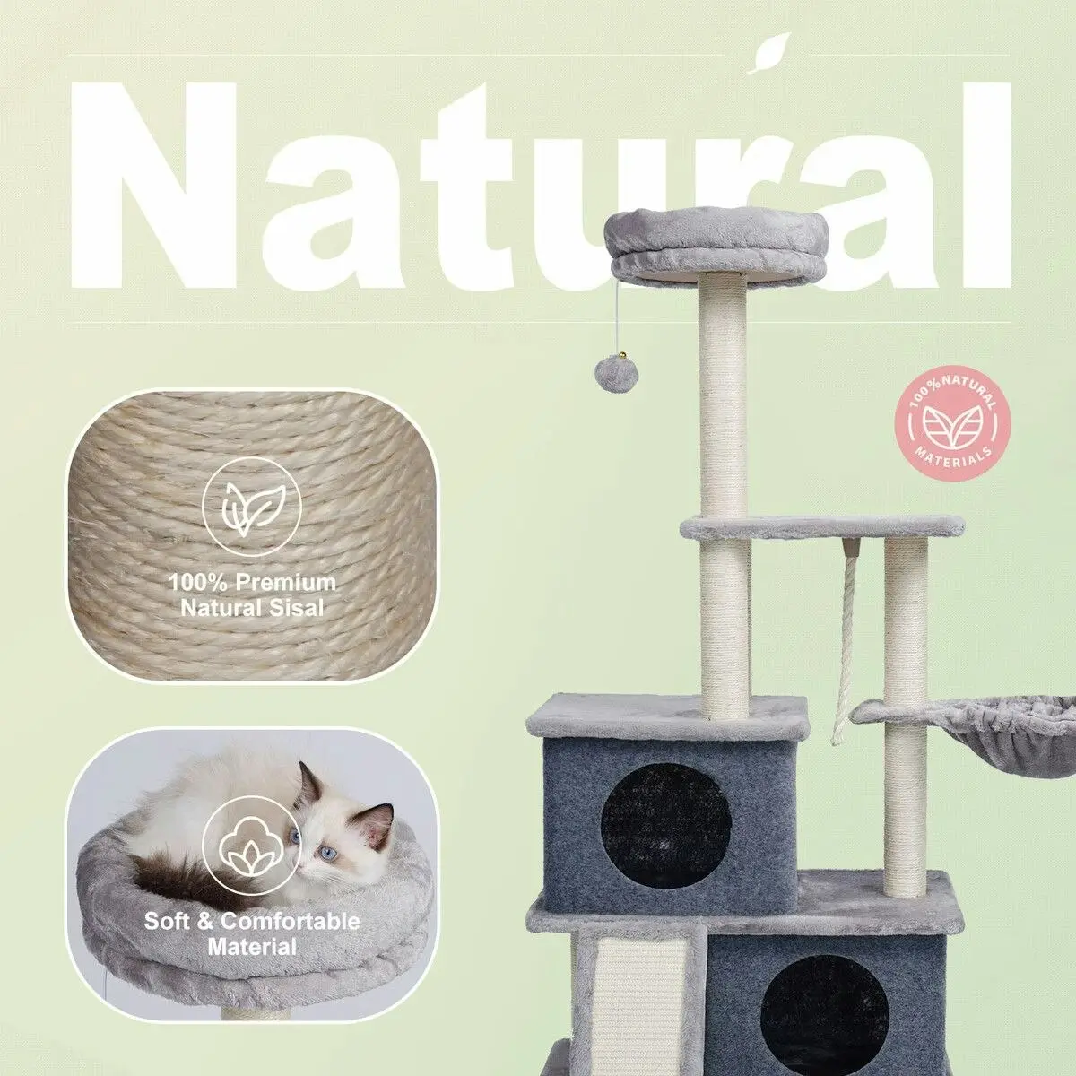 Pet Scene 127cm Cat Tree Tower Scratching Post Bed Sisal Scratcher Furniture House Cave Condos Climbing Stand Gym Hammock Ramp