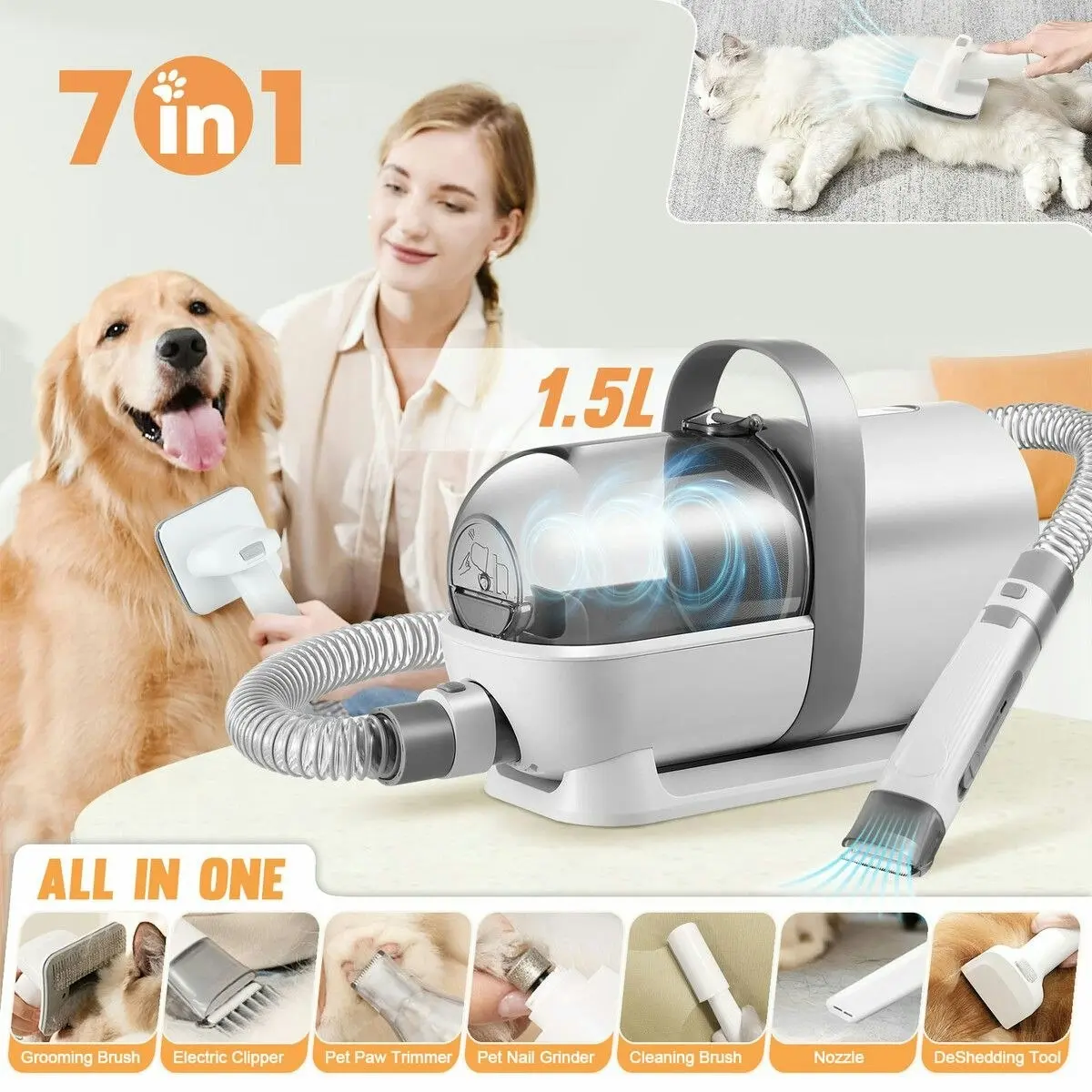 Pet Scene 7 in 1 Pet Grooming Kit Dog Clipper Vacuum Cleaner Slicker Trimmer Remover Deshedding Brush  Cat Hair Groomer