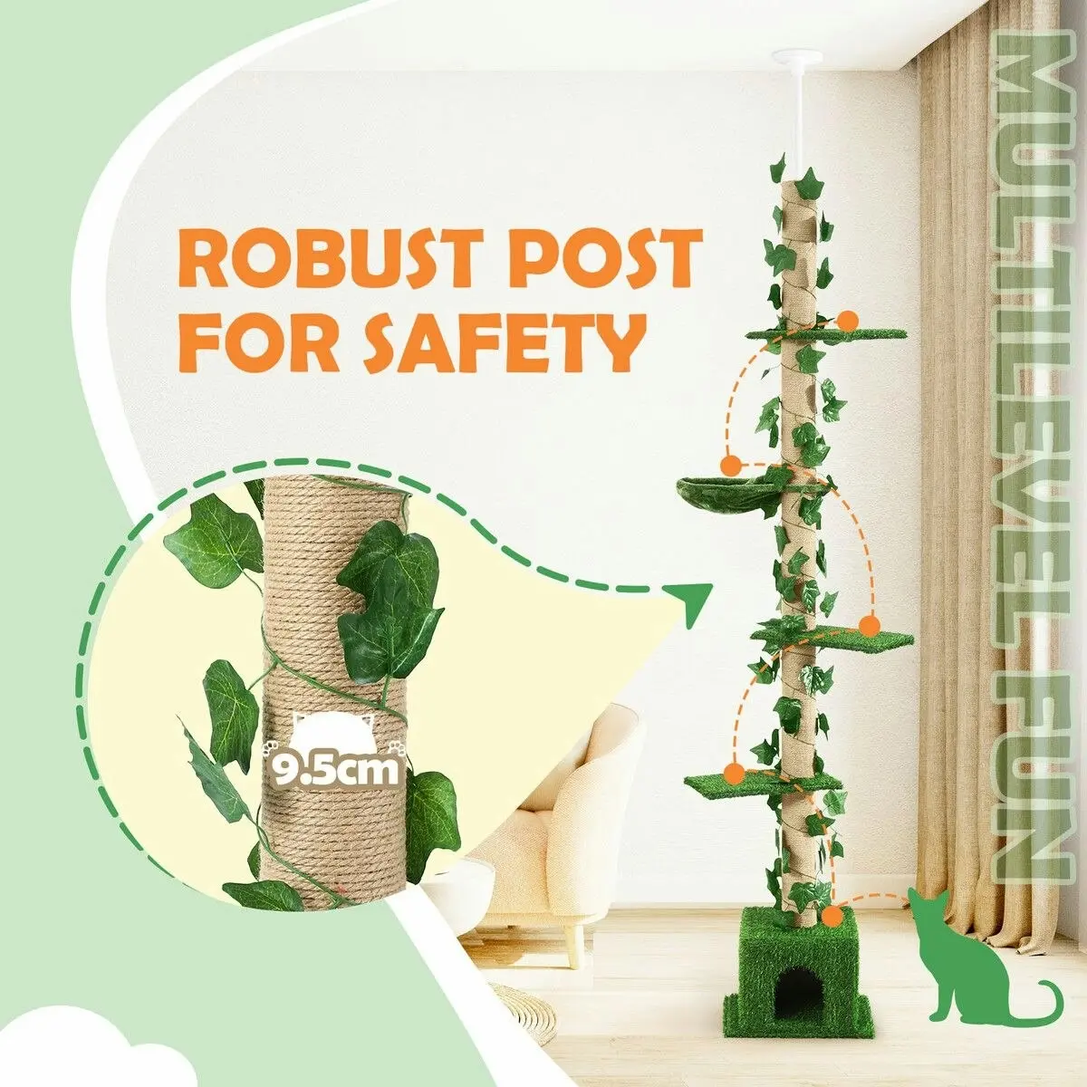 Pet Scene 5 Level Cat Tree Tower Sisal Scratching Post Stand Furniture Scratcher Cave Activity Centre Condo Hammock Gym Platform Floor to Ceiling 232cm to 282cm