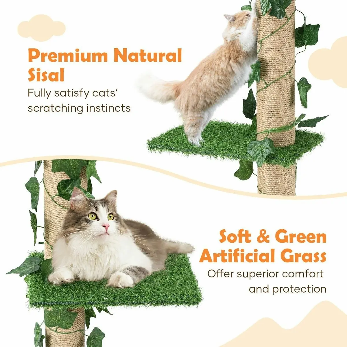 Pet Scene 5 Level Cat Tree Tower Sisal Scratching Post Stand Furniture Scratcher Cave Activity Centre Condo Hammock Gym Platform Floor to Ceiling 232cm to 282cm