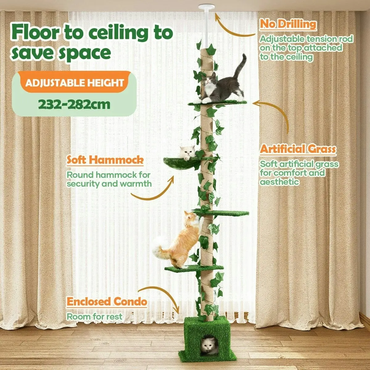 Pet Scene 5 Level Cat Tree Tower Sisal Scratching Post Stand Furniture Scratcher Cave Activity Centre Condo Hammock Gym Platform Floor to Ceiling 232cm to 282cm