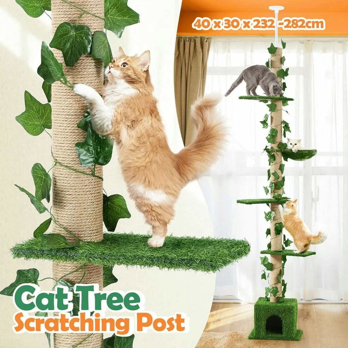 Pet Scene 5 Level Cat Tree Tower Sisal Scratching Post Stand Furniture Scratcher Cave Activity Centre Condo Hammock Gym Platform Floor to Ceiling 232cm to 282cm