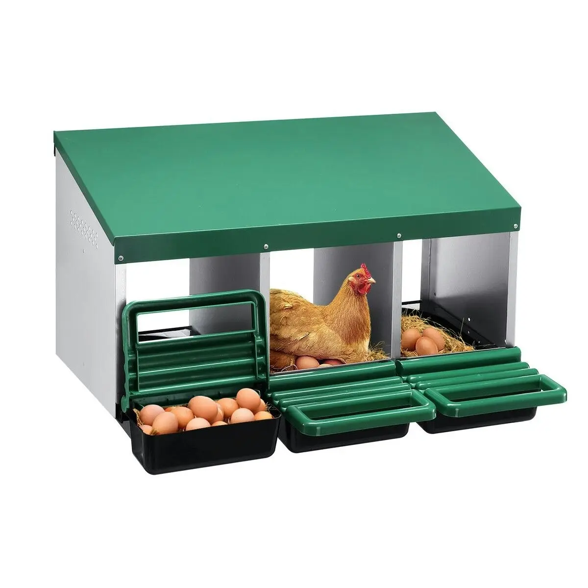 Pet Scene 3 Hole Chicken Nesting Box Hen Chook Roll Away Laying Nest Boxes Brooder Coop Poultry Egg Roost Perch Galvanised Steel Plastic with Vents Lid