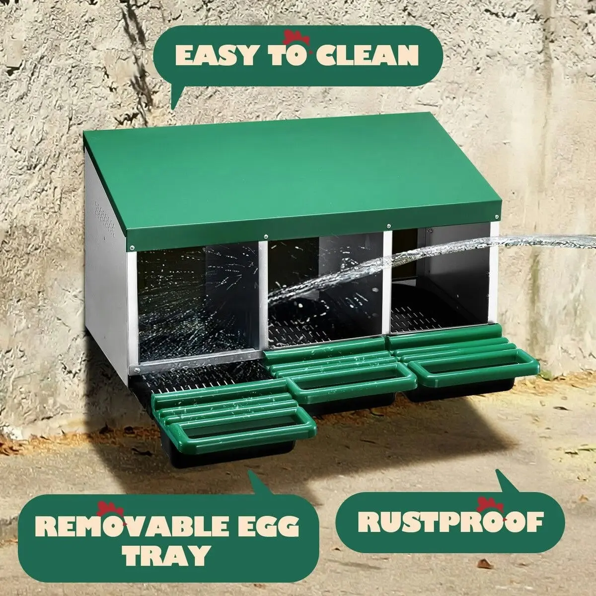 Pet Scene 3 Hole Chicken Nesting Box Hen Chook Roll Away Laying Nest Boxes Brooder Coop Poultry Egg Roost Perch Galvanised Steel Plastic with Vents Lid