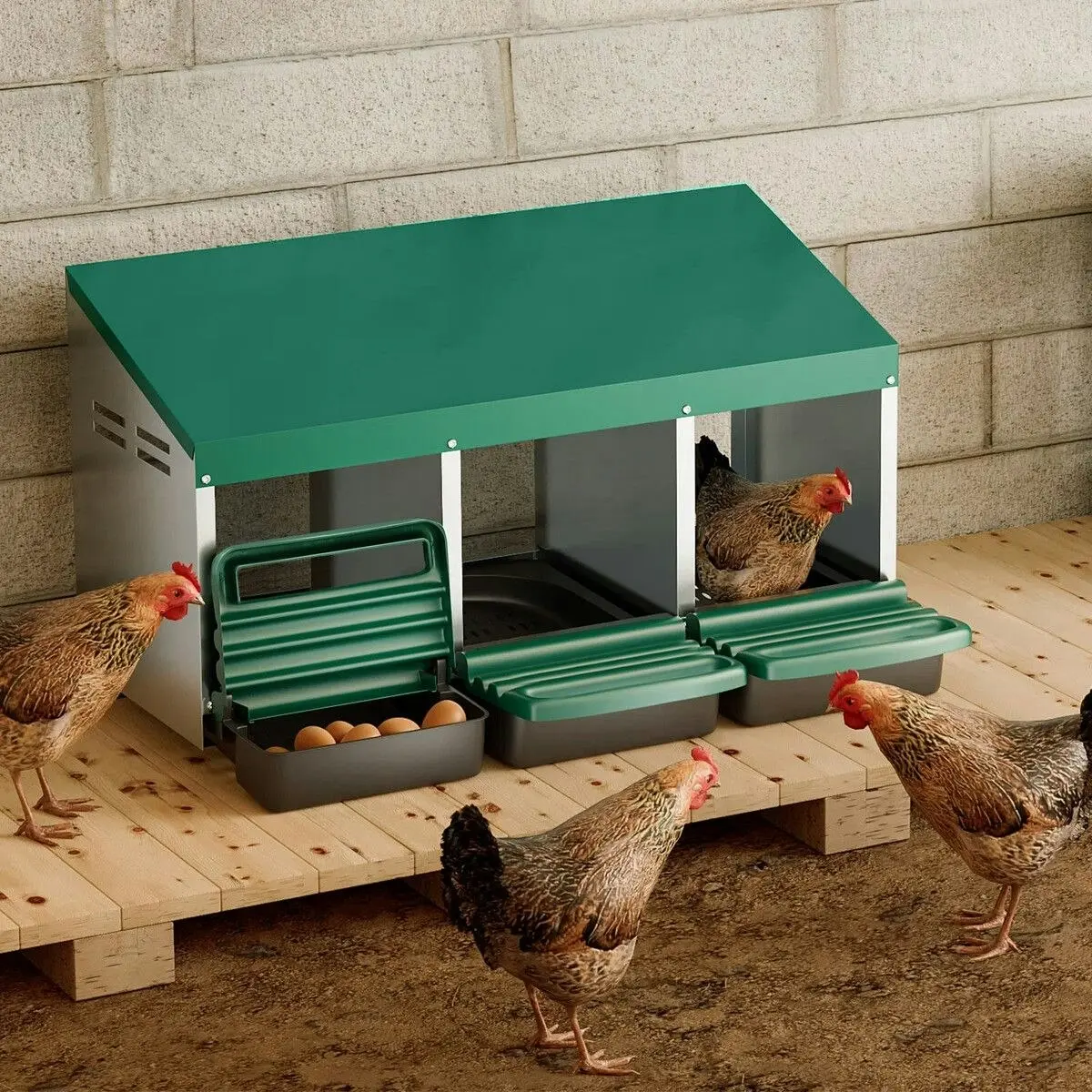 Pet Scene 3 Hole Chicken Nesting Box Hen Chook Roll Away Laying Nest Boxes Brooder Coop Poultry Egg Roost Perch Galvanised Steel Plastic with Vents Lid