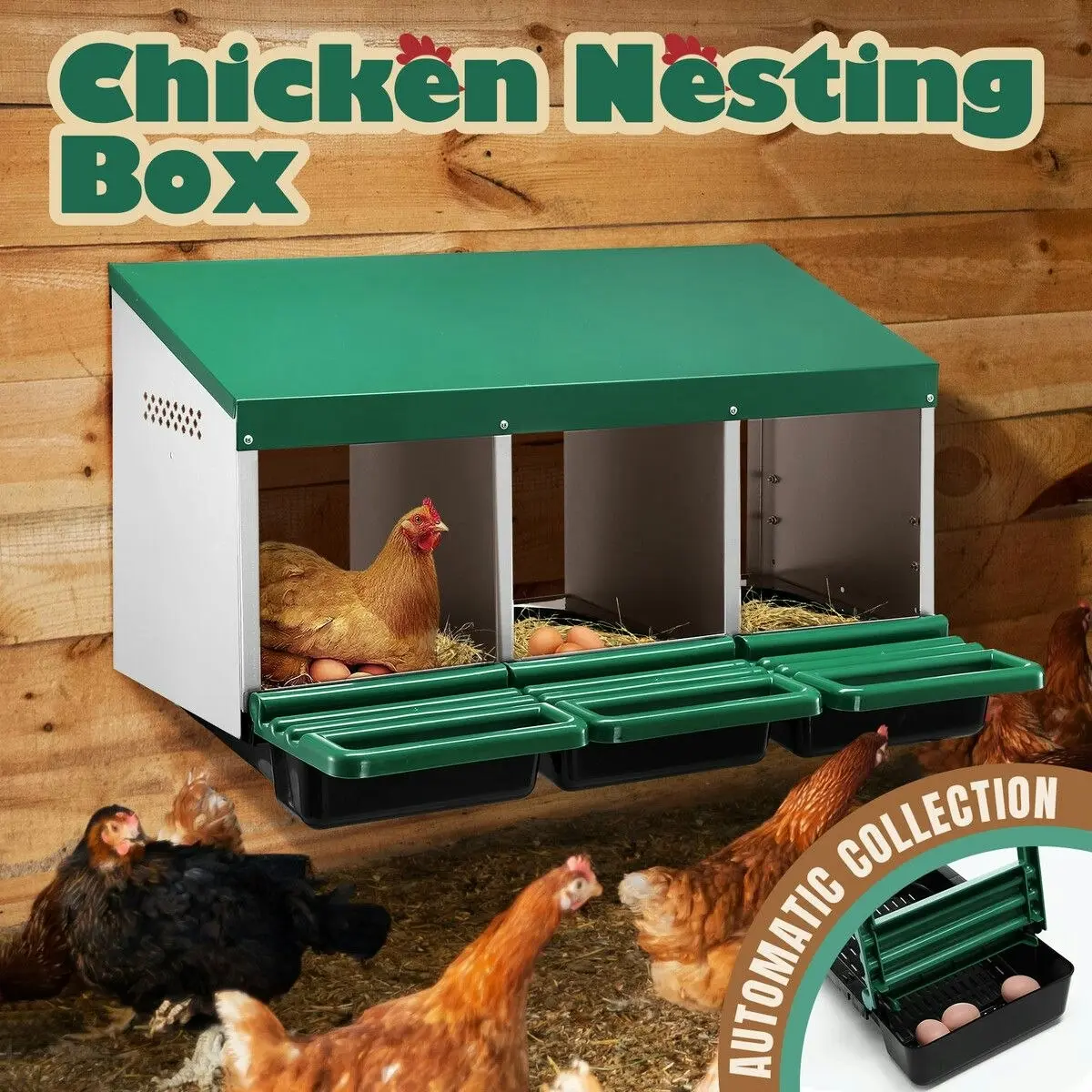 Pet Scene 3 Hole Chicken Nesting Box Hen Chook Roll Away Laying Nest Boxes Brooder Coop Poultry Egg Roost Perch Galvanised Steel Plastic with Vents Lid