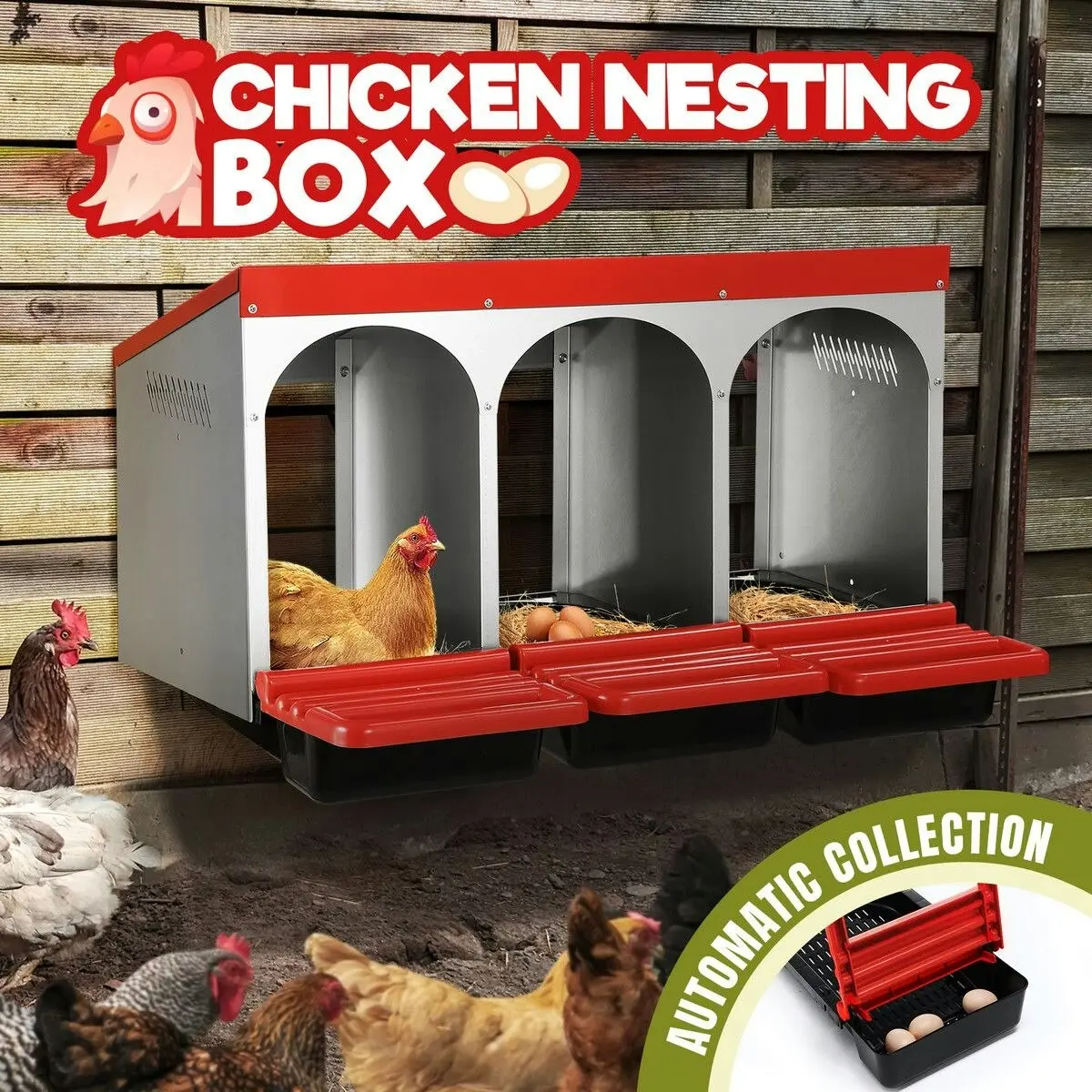 Pet Scene 3 Hole Chicken Nesting Box Hen Roll Away Laying Boxes Chook Nest Brooder Poultry Egg Coop Roost Perch Galvanised Steel Plastic with Vents Lid