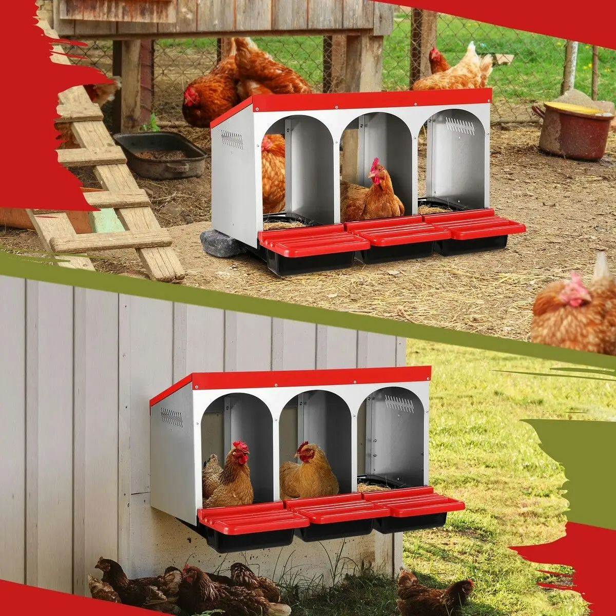 Pet Scene 3 Hole Chicken Nesting Box Hen Roll Away Laying Boxes Chook Nest Brooder Poultry Egg Coop Roost Perch Galvanised Steel Plastic with Vents Lid