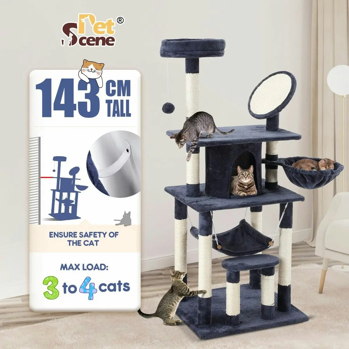 Pet Scene 143cm Cat Tree Tower House Scratching Post Scratcher Furniture Stand Pole Cave Condo Climbing Play Castle Frame Gym Hammock