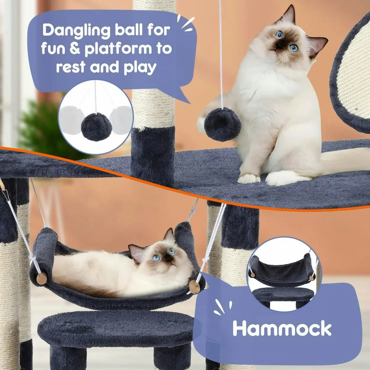 Pet Scene 143cm Cat Tree Tower House Scratching Post Scratcher Furniture Stand Pole Cave Condo Climbing Play Castle Frame Gym Hammock