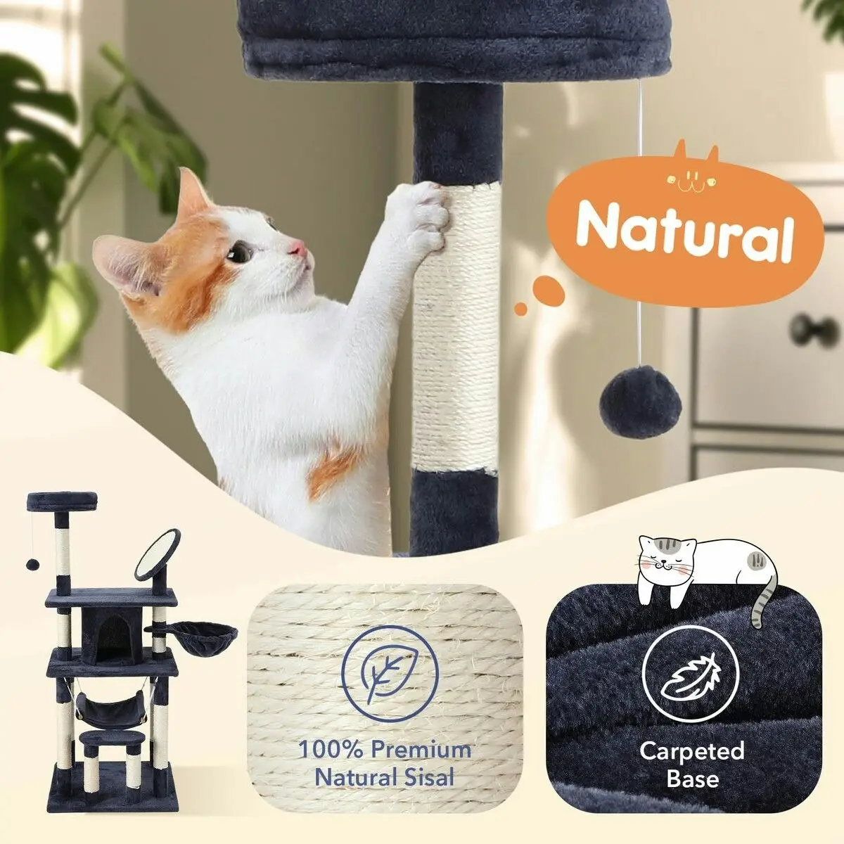 Pet Scene 143cm Cat Tree Tower House Scratching Post Scratcher Furniture Stand Pole Cave Condo Climbing Play Castle Frame Gym Hammock