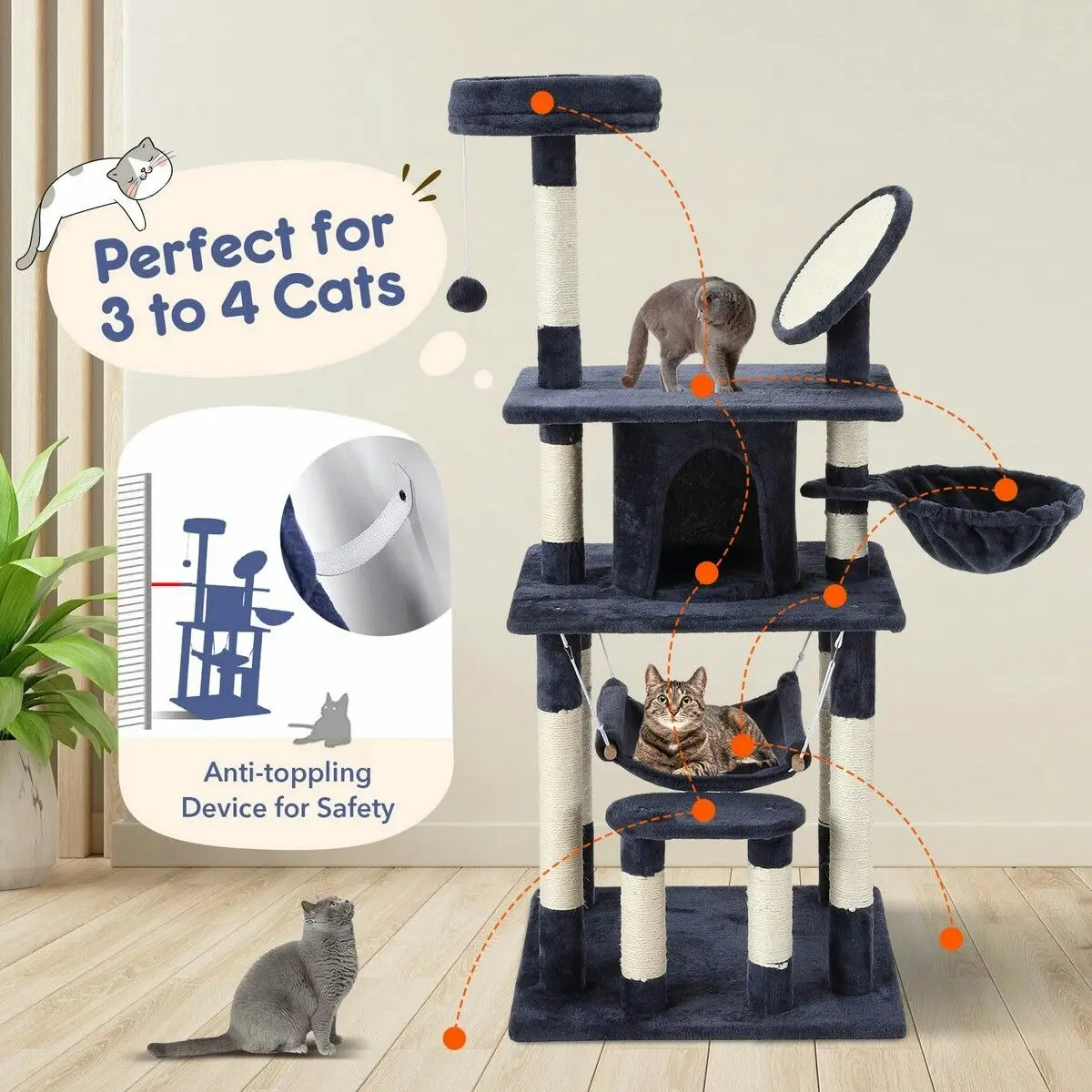 Pet Scene 143cm Cat Tree Tower House Scratching Post Scratcher Furniture Stand Pole Cave Condo Climbing Play Castle Frame Gym Hammock