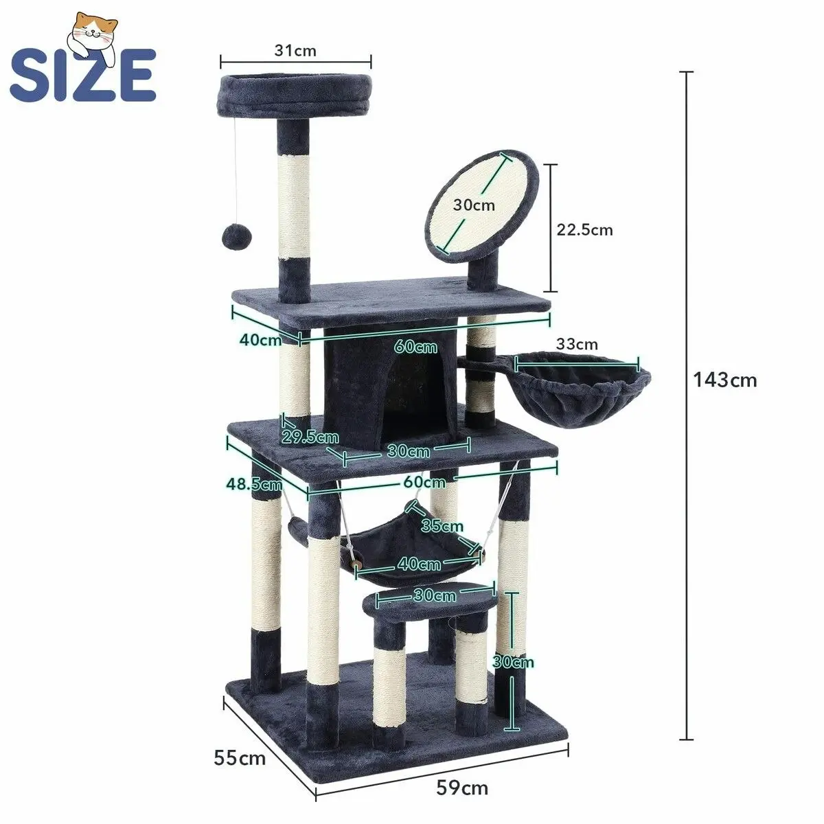 Pet Scene 143cm Cat Tree Tower House Scratching Post Scratcher Furniture Stand Pole Cave Condo Climbing Play Castle Frame Gym Hammock