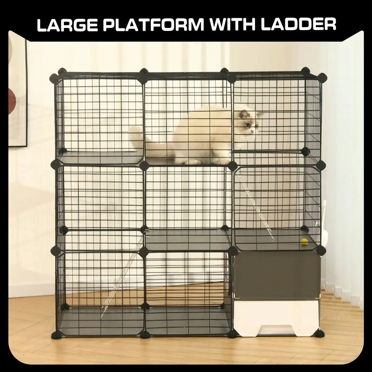 Pet Scene 3 Tier Cat Enclosure Cage Large DIY Pet Crate Rabbit Hutch Ferret Kitten Bunny House Fence Kennel Kitty Playpen with Litter Box Platforms Ramps