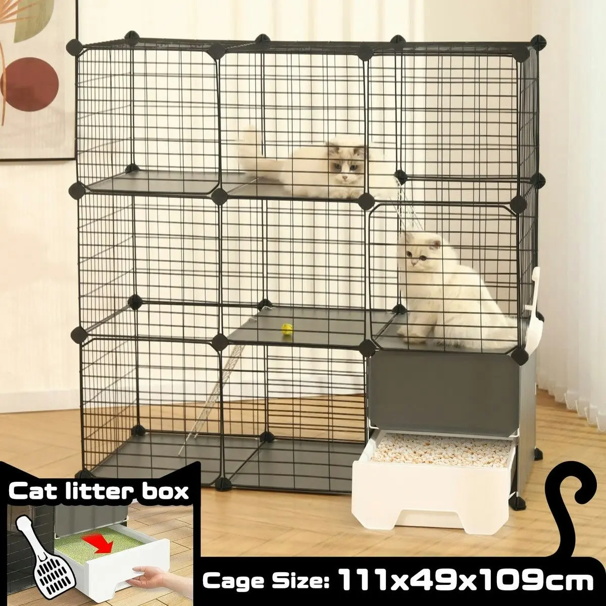 Pet Scene 3 Tier Cat Enclosure Cage Large DIY Pet Crate Rabbit Hutch Ferret Kitten Bunny House Fence Kennel Kitty Playpen with Litter Box Platforms Ramps