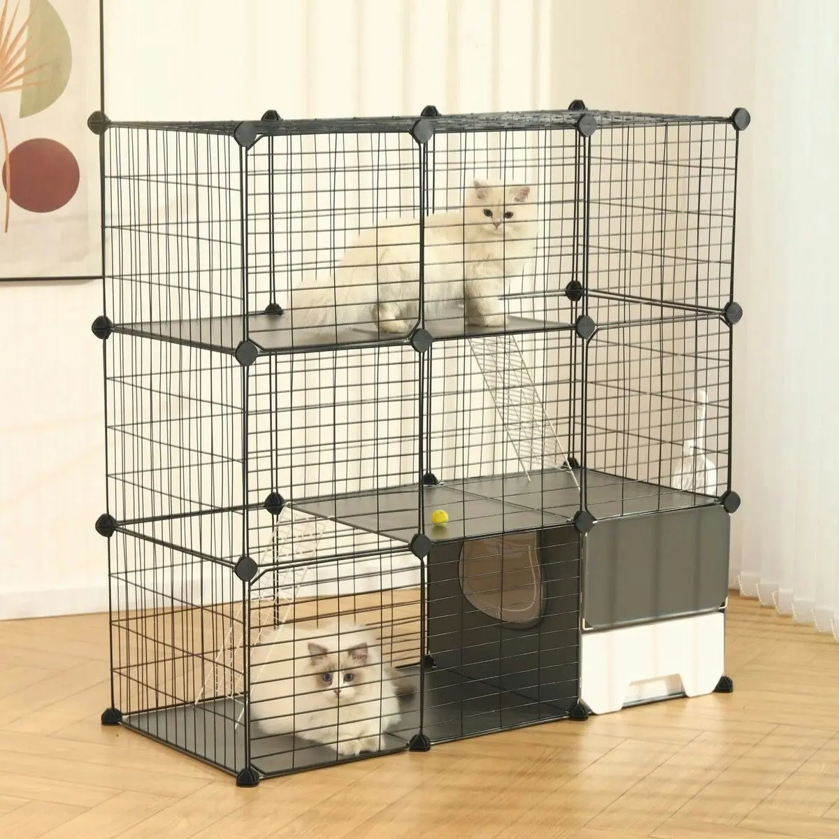 Pet Scene 3 Tier Cat Enclosure Cage Large DIY Pet Crate Rabbit Hutch Ferret Kitten Bunny House Fence Kennel Kitty Playpen with Litter Box Platforms Ramps