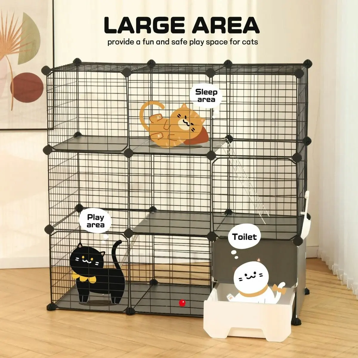 Pet Scene 3 Tier Cat Enclosure Cage Large DIY Pet Crate Rabbit Hutch Ferret Kitten Bunny House Fence Kennel Kitty Playpen with Litter Box Platforms Ramps