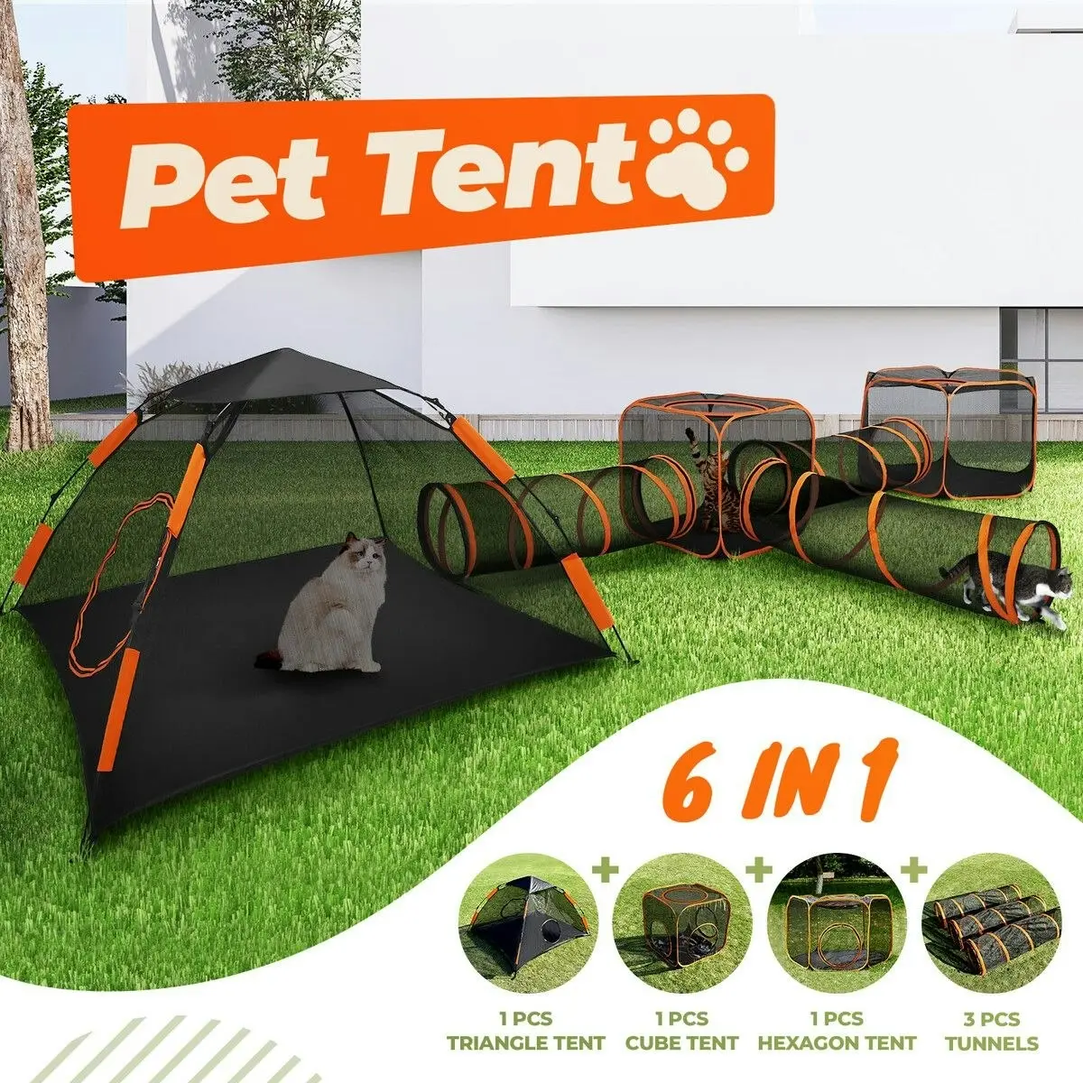 Pet Scene 6 IN 1 Cat Tent Tunnel Dog House Pet Cage Playpen Enclosure Puppy Rabbit Ferret Fence Pen Outdoor Indoor Portable Exercise Playhouse