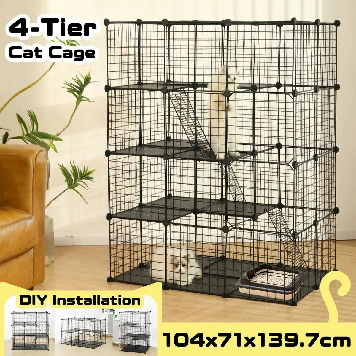 Pet Scene 4 Tier Cat Cage Enclosure Crate XL DIY Rabbit Bunny Ferret Hutch House Cattery Kitty Kitten Fence Kennel Playpen Pen Habitat Platforms Ramps