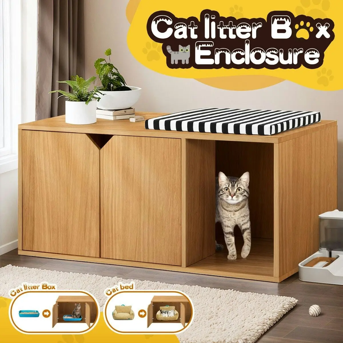 Pet Scene Cat Litter Box Enclosure House Cabin Pet Furniture Entrance Hidden Storage Bench Side Table Cabinet Indoor Toilet Kitty Washroom Cushion