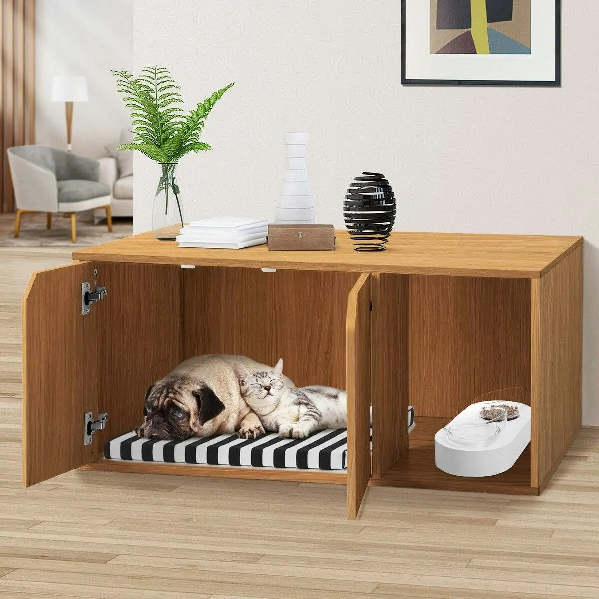 Pet Scene Cat Litter Box Enclosure House Cabin Pet Furniture Entrance Hidden Storage Bench Side Table Cabinet Indoor Toilet Kitty Washroom Cushion