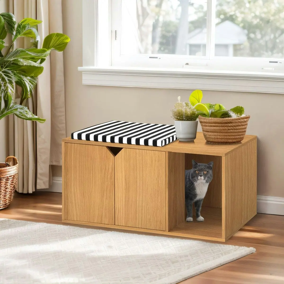 Pet Scene Cat Litter Box Enclosure House Cabin Pet Furniture Entrance Hidden Storage Bench Side Table Cabinet Indoor Toilet Kitty Washroom Cushion