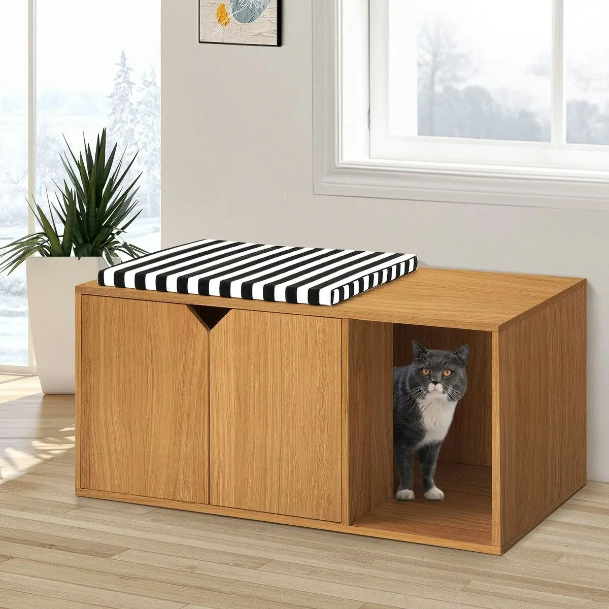 Pet Scene Cat Litter Box Enclosure House Cabin Pet Furniture Entrance Hidden Storage Bench Side Table Cabinet Indoor Toilet Kitty Washroom Cushion