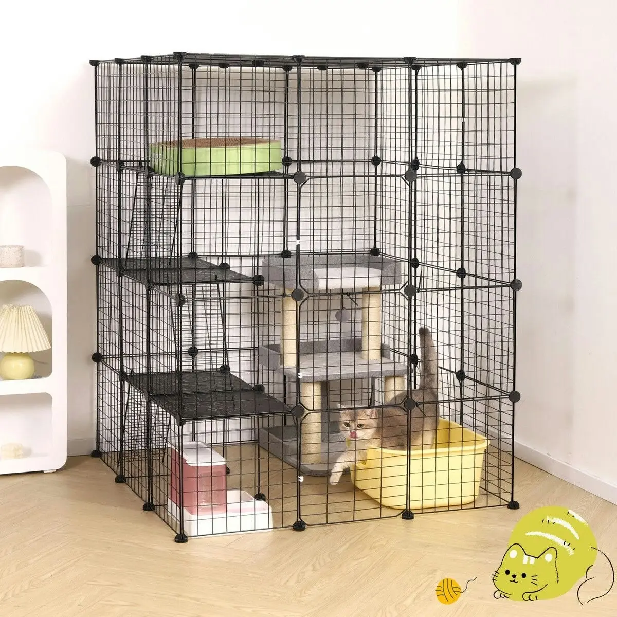 Pet Scene 4 Tier Cat Enclosure Cage House XL DIY Metal Rabbit Hutch Ferret Bunny Crate Kitten Fence Kennel Playpen 3 Platforms 3 Ramps