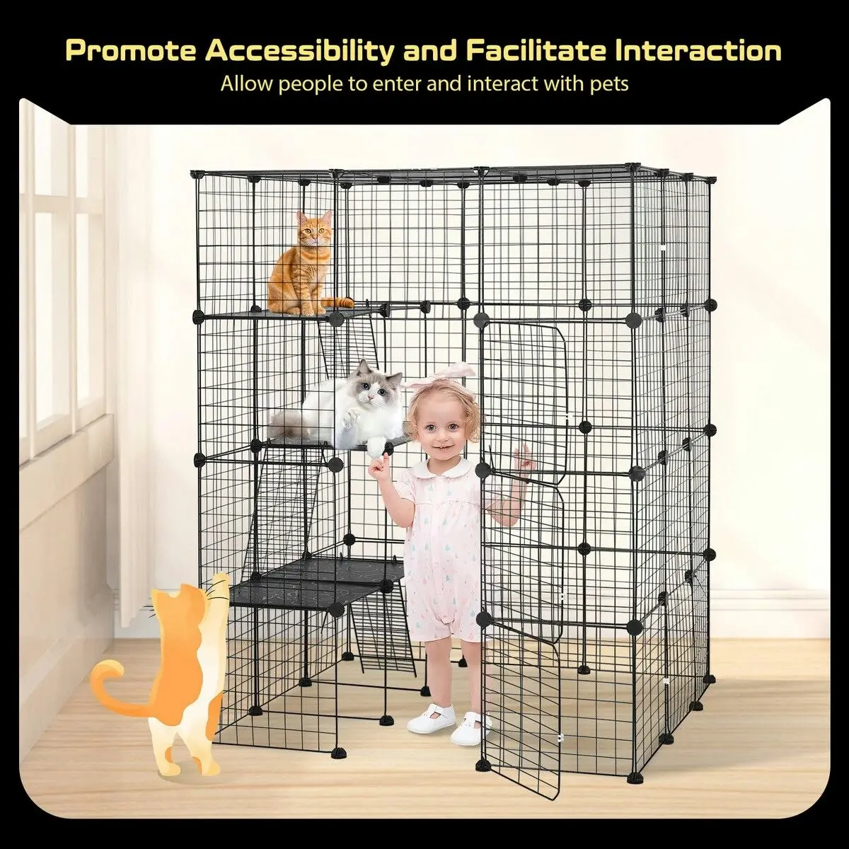 Pet Scene 4 Tier Cat Enclosure Cage House XL DIY Metal Rabbit Hutch Ferret Bunny Crate Kitten Fence Kennel Playpen 3 Platforms 3 Ramps