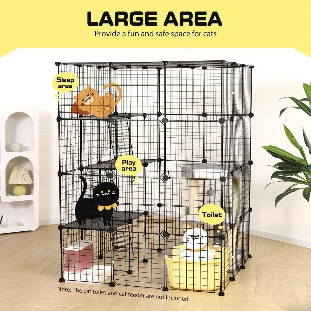 Pet Scene 4 Tier Cat Enclosure Cage House XL DIY Metal Rabbit Hutch Ferret Bunny Crate Kitten Fence Kennel Playpen 3 Platforms 3 Ramps