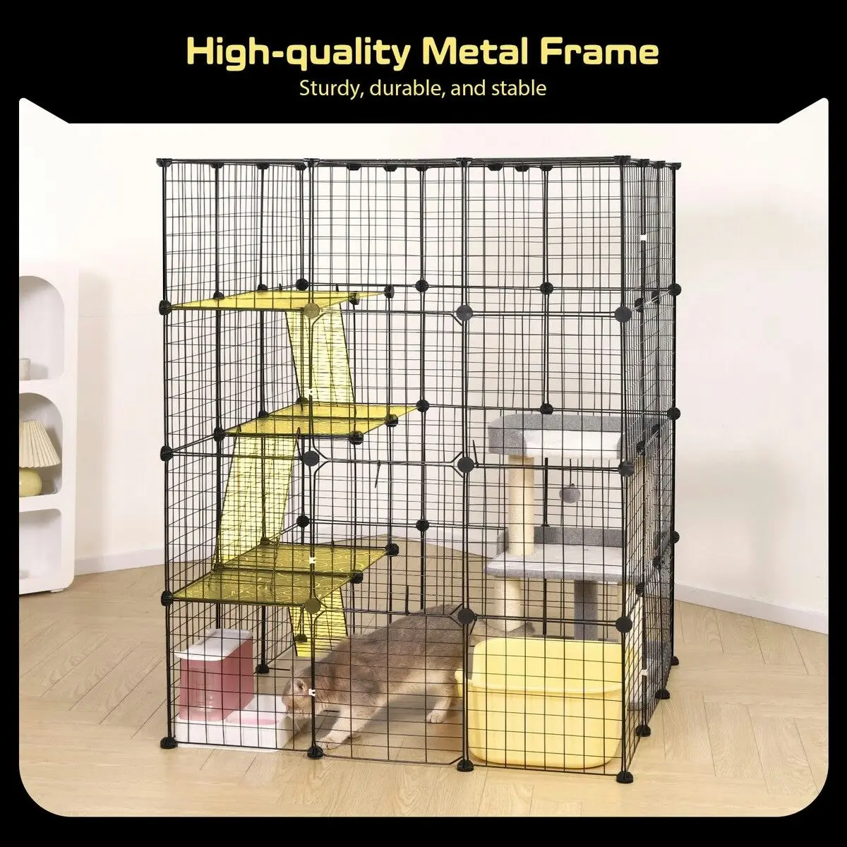 Pet Scene 4 Tier Cat Enclosure Cage House XL DIY Metal Rabbit Hutch Ferret Bunny Crate Kitten Fence Kennel Playpen 3 Platforms 3 Ramps