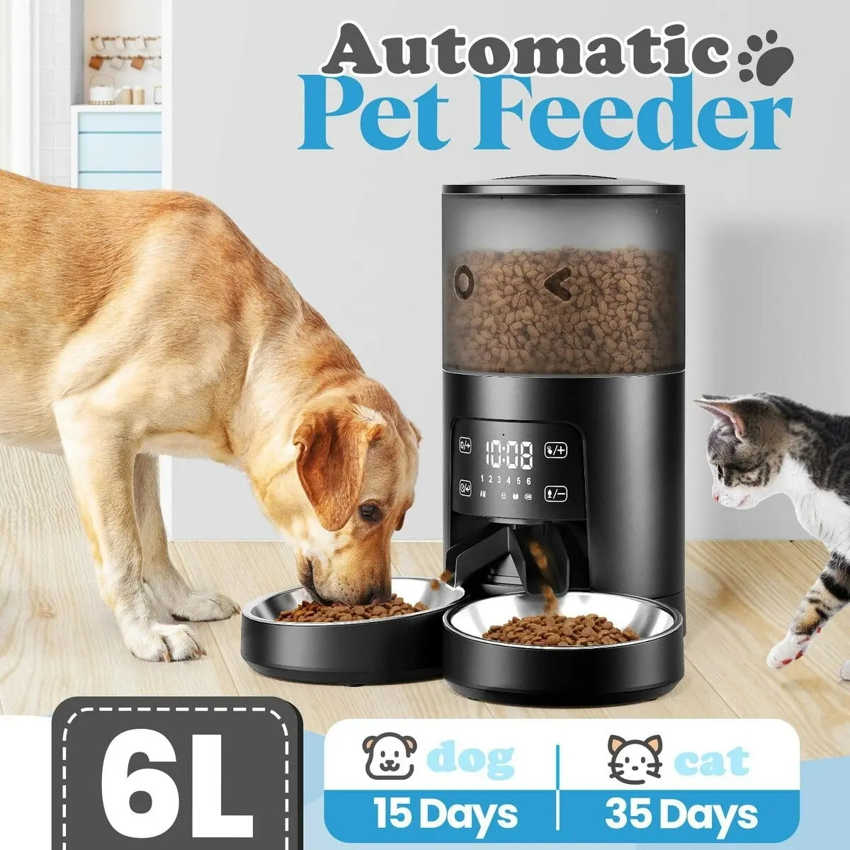 Pet Scene 6L Automatic Pet Feeder Auto Timed Dog Cat Dry Food Dispenser Smart Puppy Feeding 2 Way Splitter 2 Bowls Touch Screen Voice Recorder