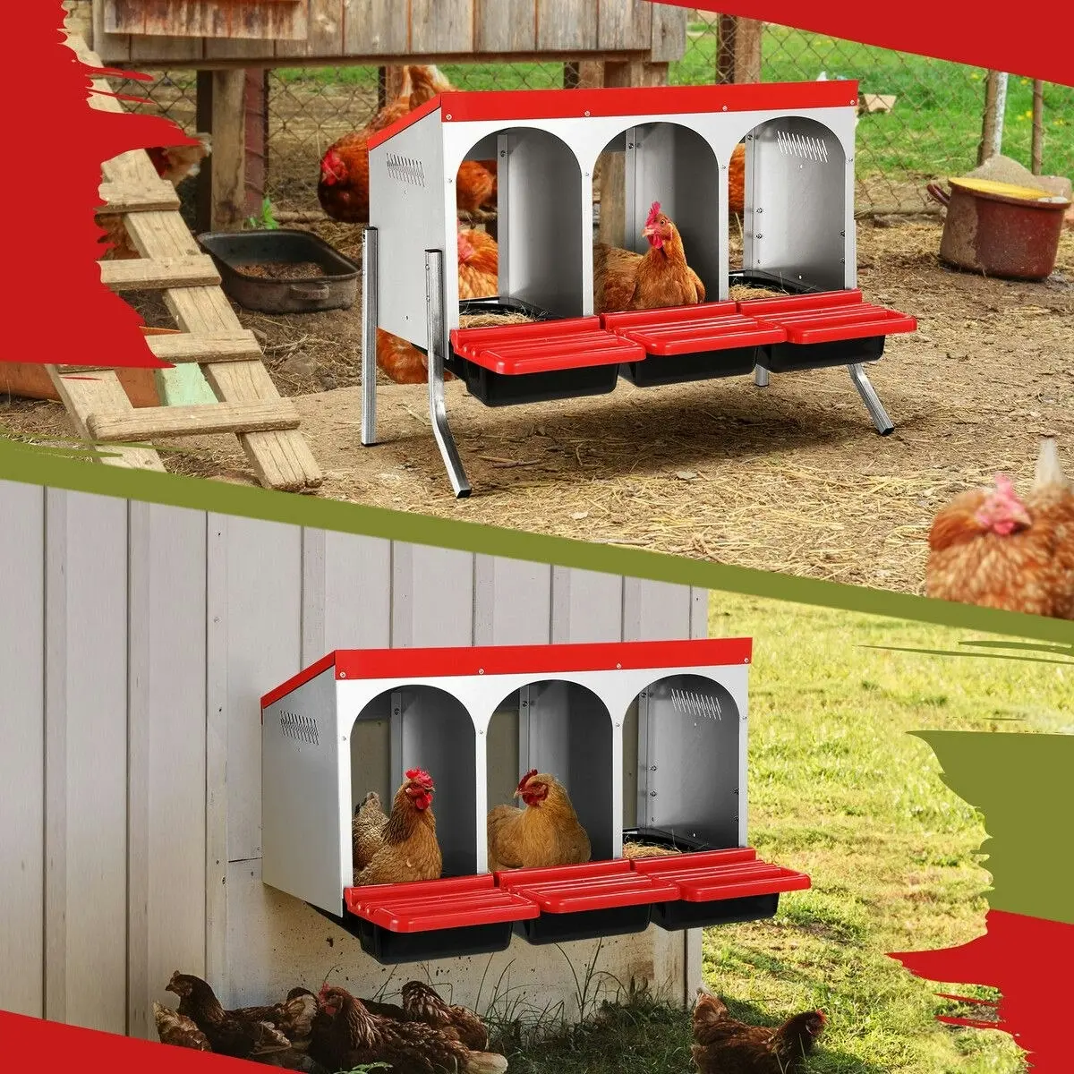 Pet Scene 3 Hole Chicken Nesting Box Roll Away Hen Chook Laying Boxes Poultry Nest Brooder Coop Egg Roost Perch Galvanised Steel Plastic with Stand