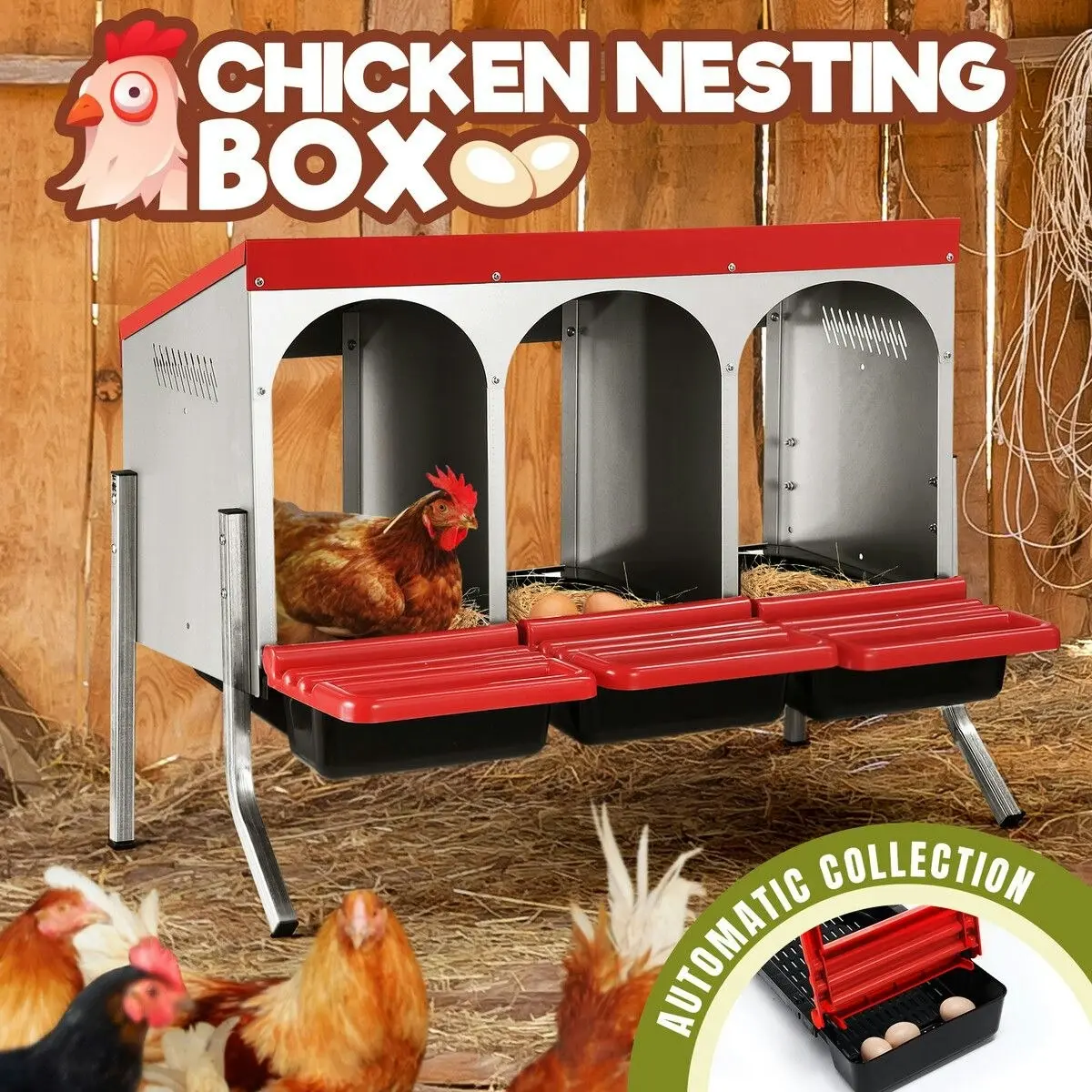 Pet Scene 3 Hole Chicken Nesting Box Roll Away Hen Chook Laying Boxes Poultry Nest Brooder Coop Egg Roost Perch Galvanised Steel Plastic with Stand