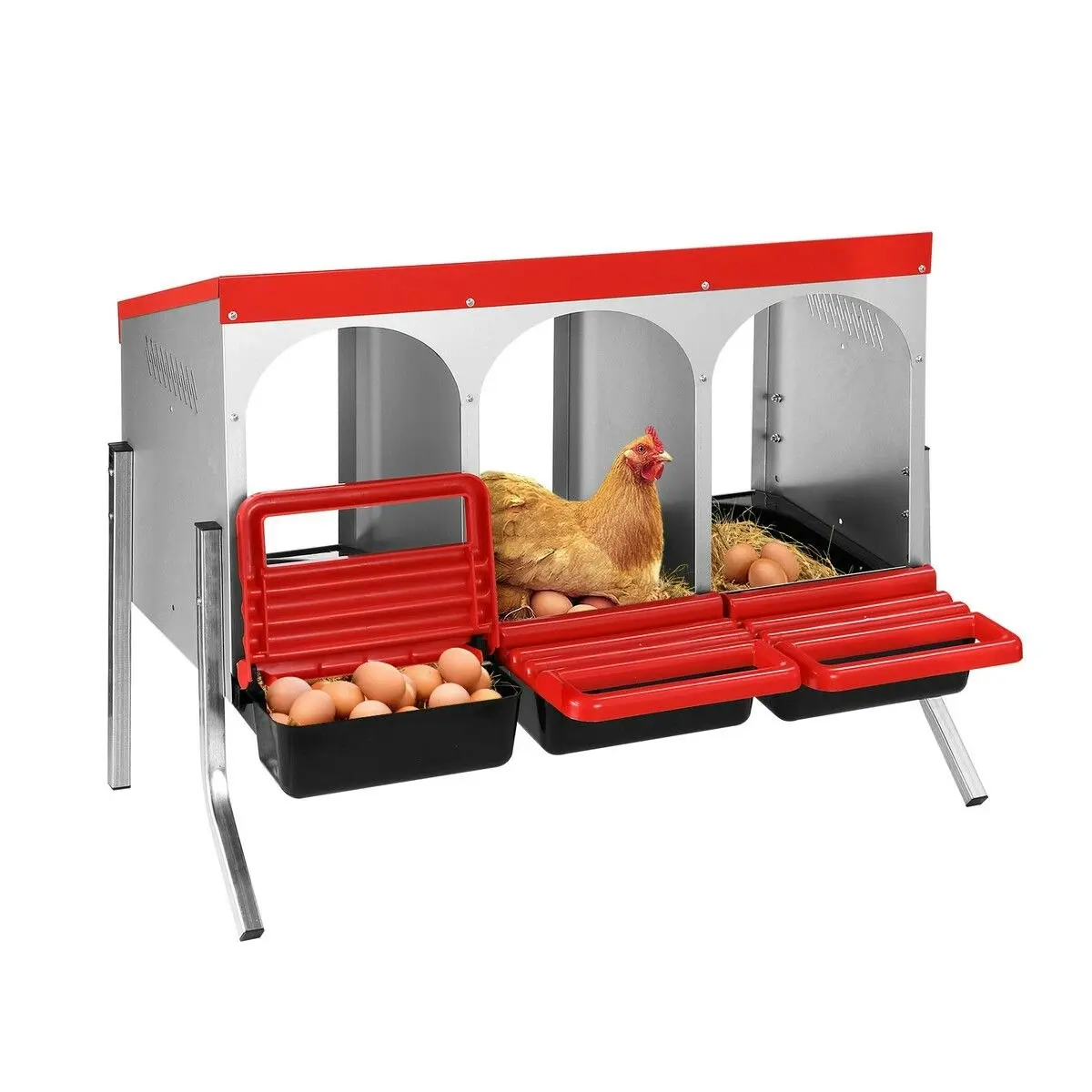 Pet Scene 3 Hole Chicken Nesting Box Roll Away Hen Chook Laying Boxes Poultry Nest Brooder Coop Egg Roost Perch Galvanised Steel Plastic with Stand