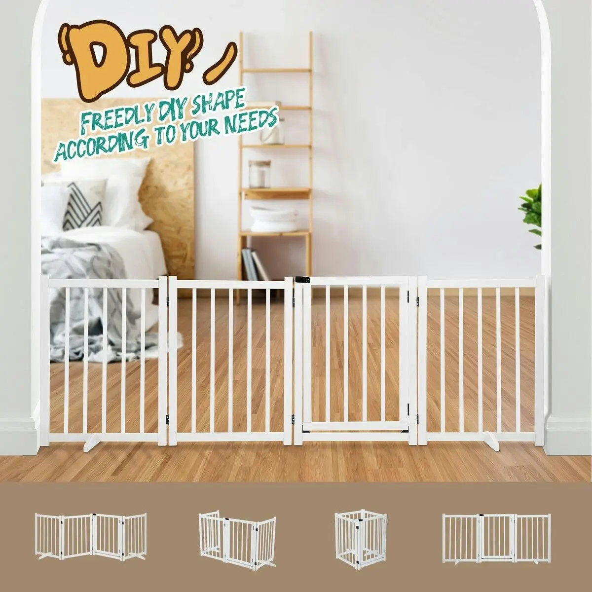 Pet Scene Pet Safety Gate 4 Panel Puppy Playpen Wood Enclosure Security Fence Freestanding Dog Stair Doorway Tall Barrier with Door Indoor Foldable