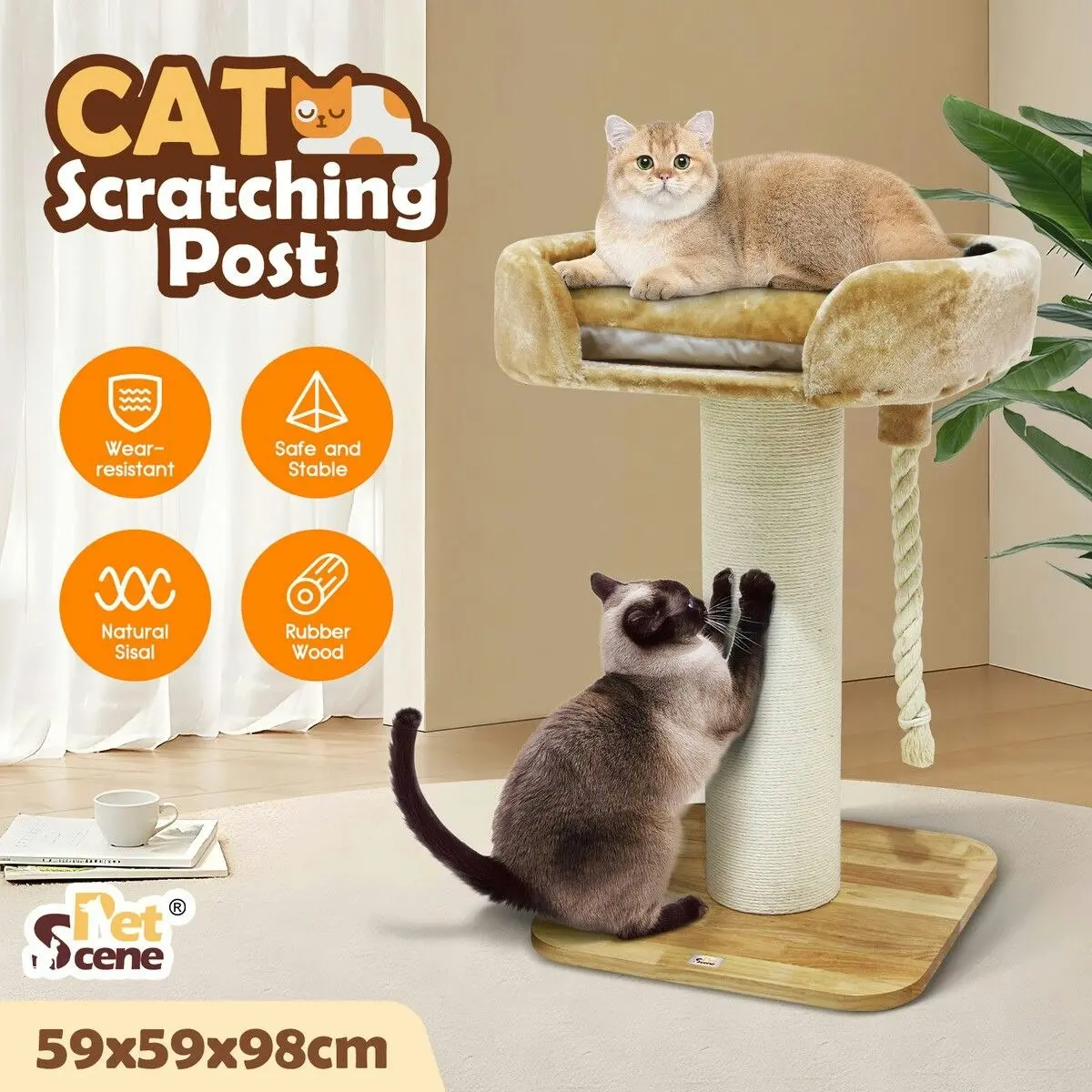 Pet Scene Cat Scratching Post Perch Bed Kitten Climbing Tower Tree Play Gym Scratcher Wooden Pet Furniture House Stand Dangling Sisal Rope 98cm Tall