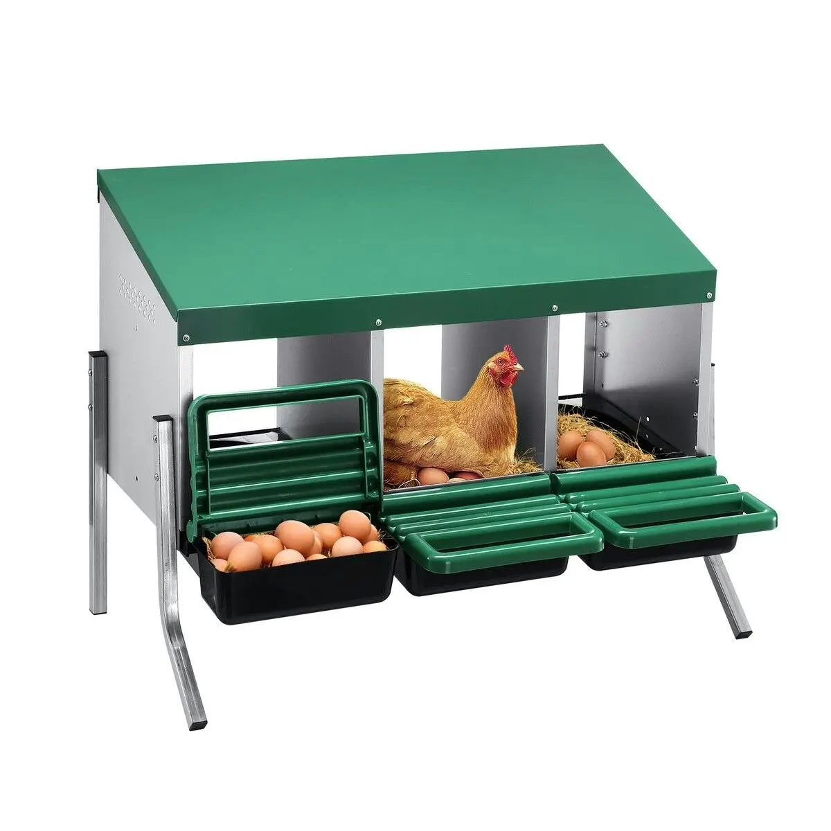 Pet Scene 3 Hole Chicken Nesting Box Roll Away Hen Laying Boxes Chook Poultry Egg Nest Brooder Coop Roost Perch Galvanised Steel Plastic with Stand