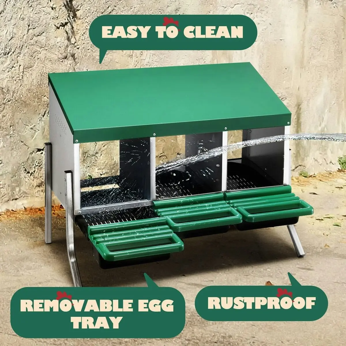 Pet Scene 3 Hole Chicken Nesting Box Roll Away Hen Laying Boxes Chook Poultry Egg Nest Brooder Coop Roost Perch Galvanised Steel Plastic with Stand