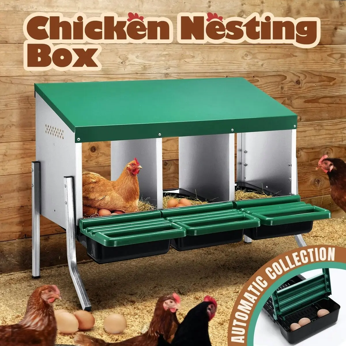 Pet Scene 3 Hole Chicken Nesting Box Roll Away Hen Laying Boxes Chook Poultry Egg Nest Brooder Coop Roost Perch Galvanised Steel Plastic with Stand