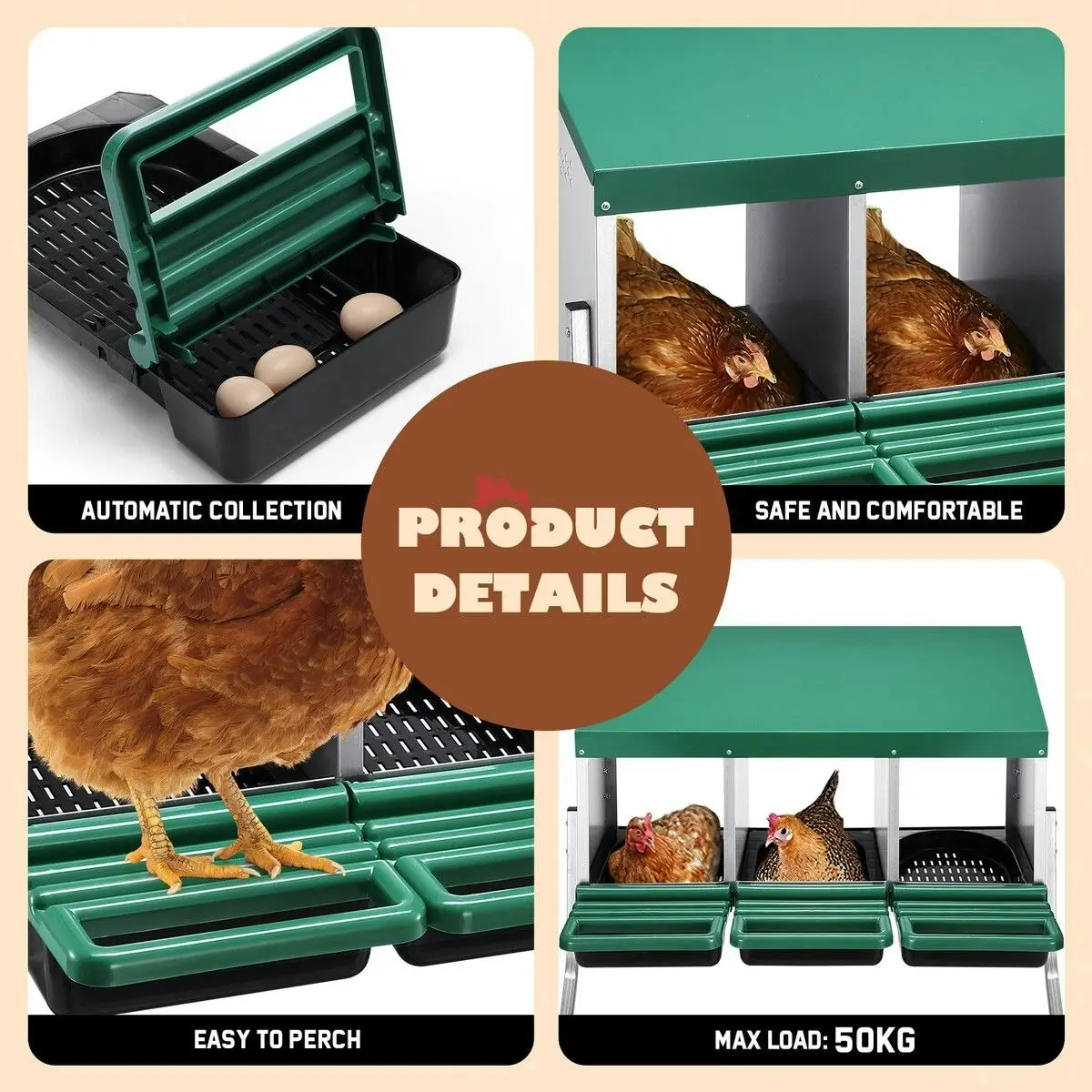 Pet Scene 3 Hole Chicken Nesting Box Roll Away Hen Laying Boxes Chook Poultry Egg Nest Brooder Coop Roost Perch Galvanised Steel Plastic with Stand