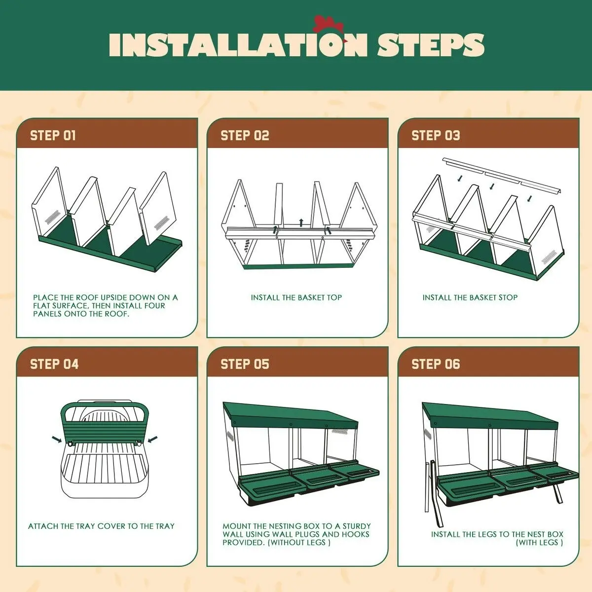 Pet Scene 3 Hole Chicken Nesting Box Roll Away Hen Laying Boxes Chook Poultry Egg Nest Brooder Coop Roost Perch Galvanised Steel Plastic with Stand