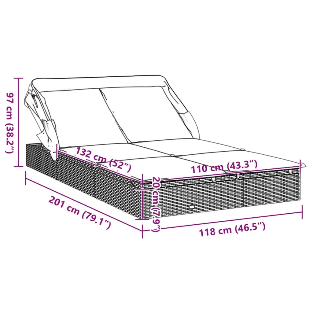 2-Person Sunbed with Foldable Roof Black 213x118x97 cm Poly Rattan 319652