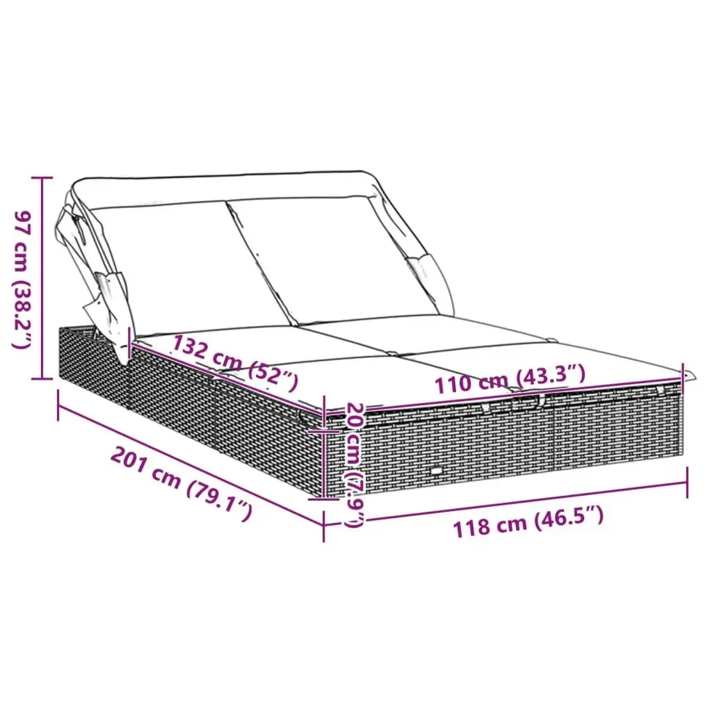 2-Person Sunbed with Foldable Roof Black 213x118x97 cm Poly Rattan 319650