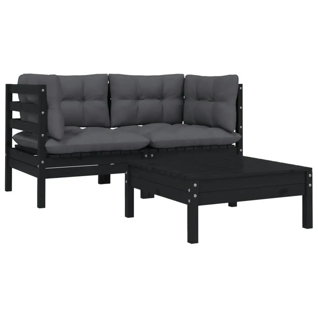 3 Piece Garden Lounge Set with Cushions Black Solid Pinewood 806680