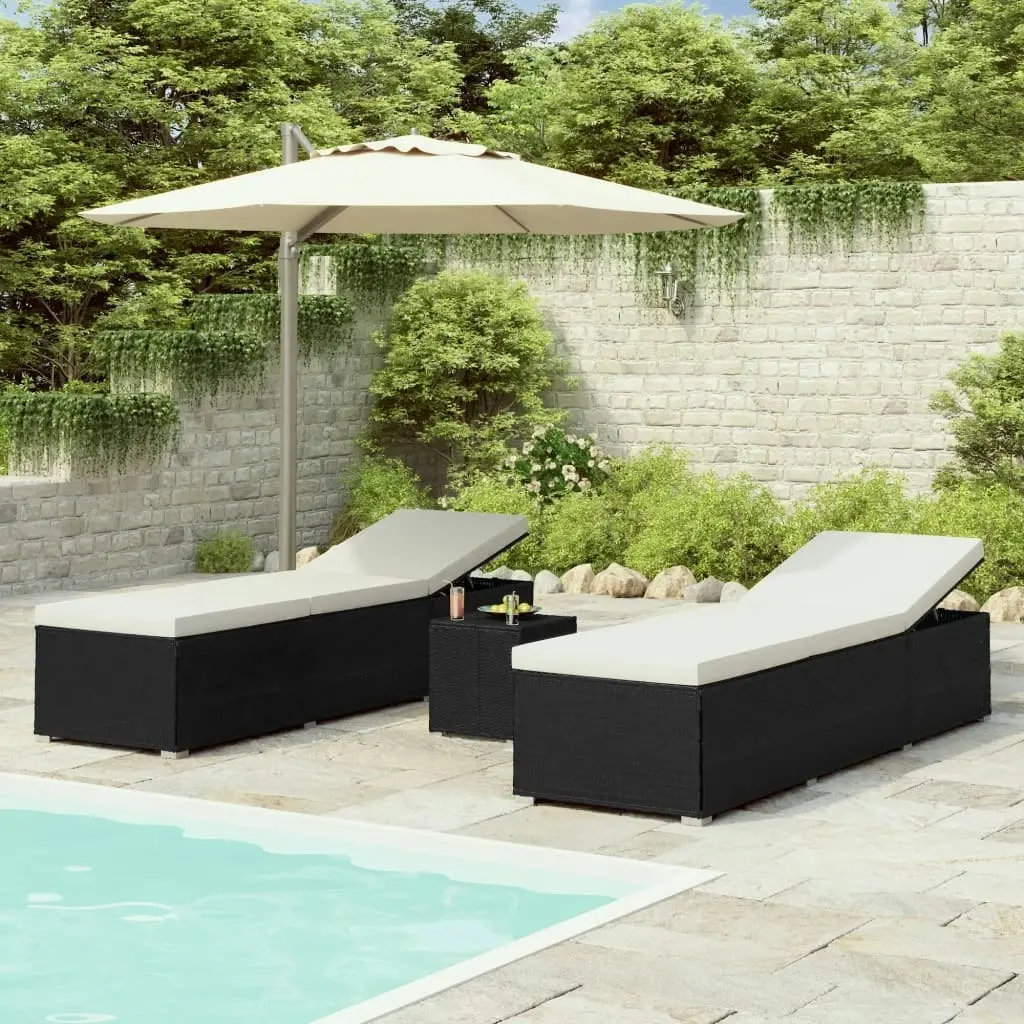 3 Piece Garden Sun Loungers with Tea Table Poly Rattan Black 3057662